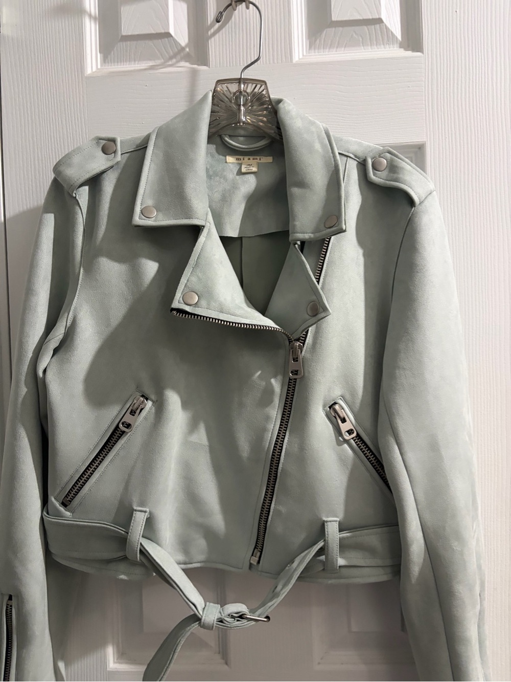 miami Light Sage  faux Suede Moto Jacket